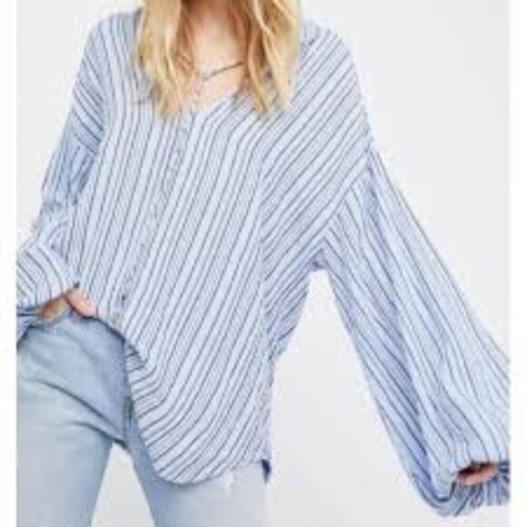Free‎ People Rhythm Of The Night Tunic M Blue Striped Bishop Sleeves Oversized - Picture 11 of 11
